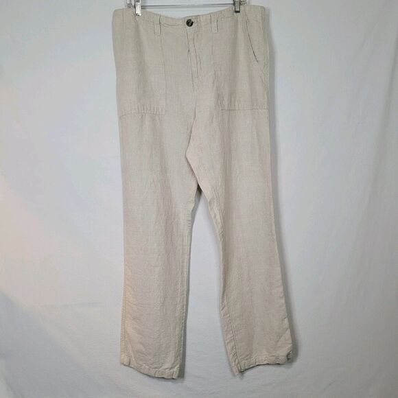 Old Navy Trouser Pants 100% Linen Womens L Beige 4 Pockets Straight Leg 36x33 - Picture 1 of 11